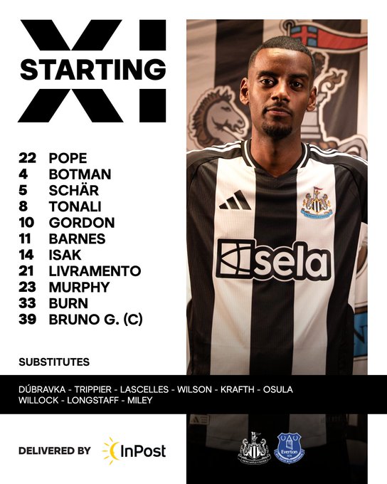 纽卡vs埃弗顿首发：托纳利、伊萨克领衔，阿什利·扬出战